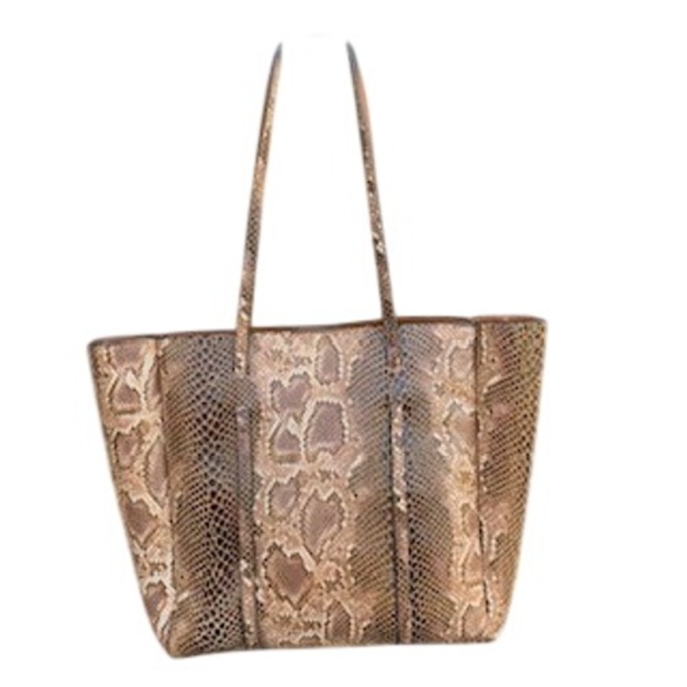 Sondra Roberts Squared Snakeskin Embossed Tote Bag Brown Tan Faux Leather
